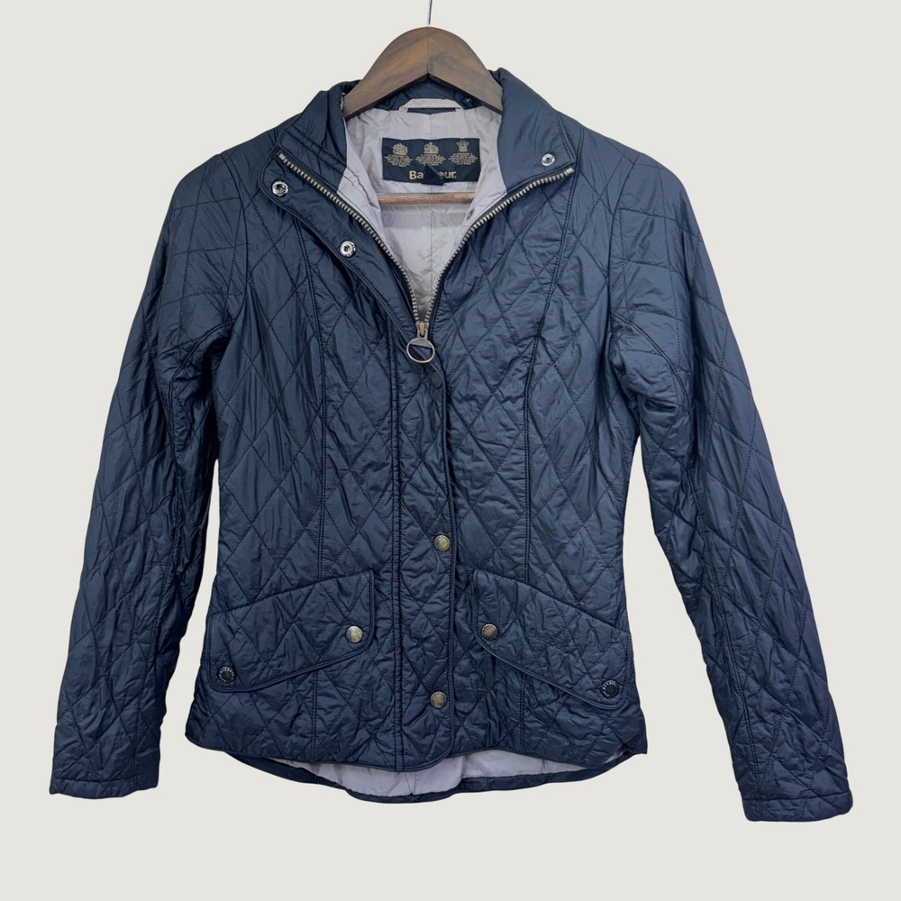 Barbour Womens Quilted Jacket Navy Blue Diamond Quilt Snap Pockets Size 4